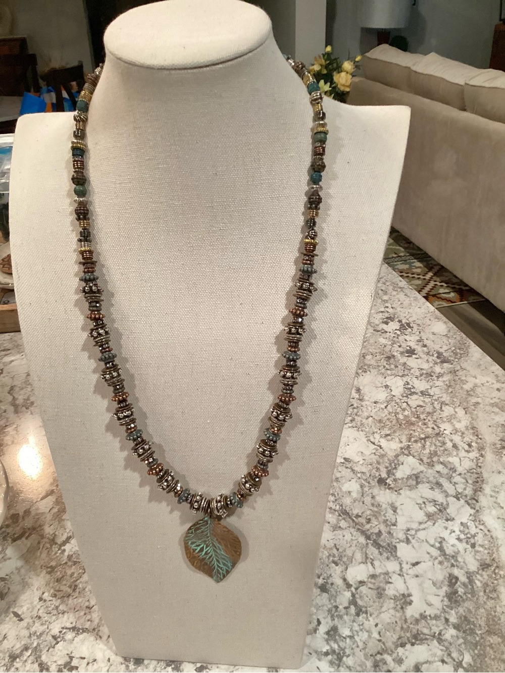 Artisan Crafted Bohemian Brown and Turquoise Metal Leaf Pendant Necklace - Picture 3 of 7
